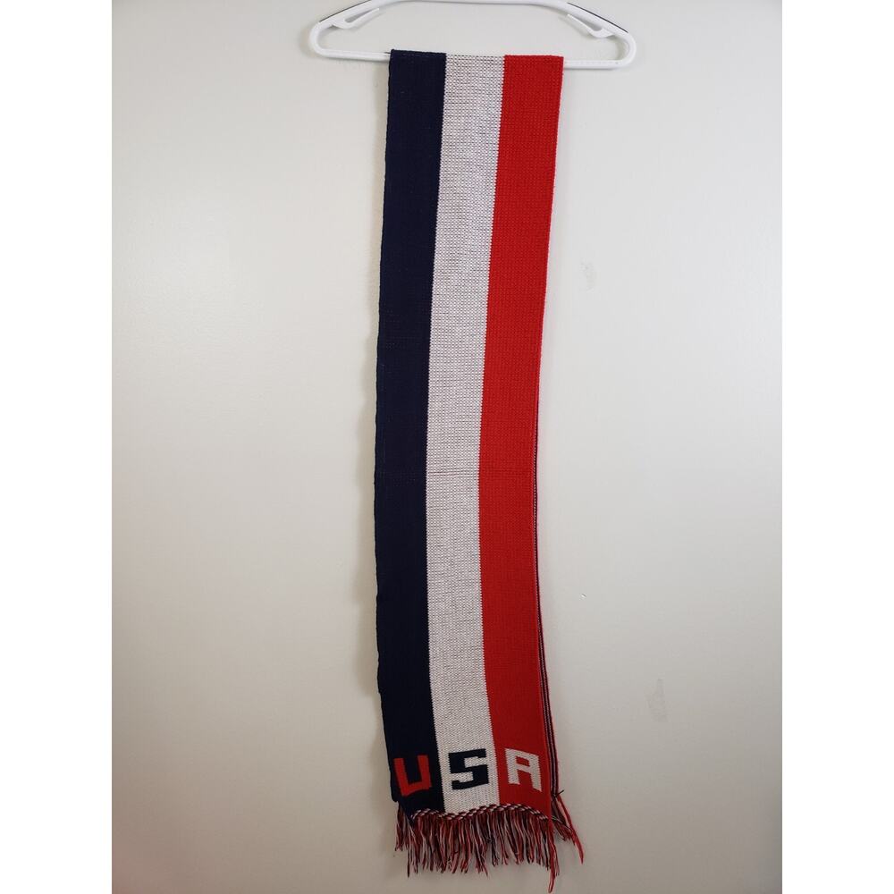 (N5) VTG Knitmakers USA Knit Scarf 80" Red, White & Blue Stripe Fringe Patriotic
